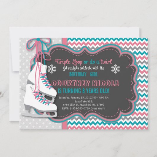 ウィンターアイススケートで滑る誕生日パーティーの招待 招待状 (正面)