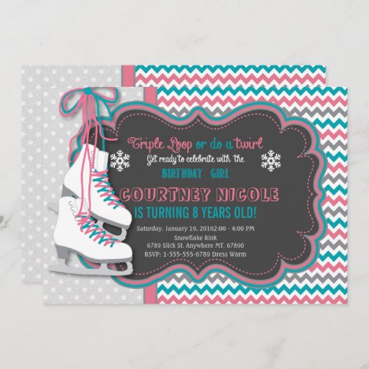 ウィンターアイススケートで滑る誕生日パーティーの招待 招待状 (正面/裏面)