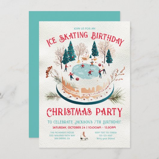 ウィンターアイススケートで滑る誕生日パーティー 招待状 (正面/裏面)