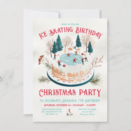 ウィンターアイススケートで滑る誕生日パーティー 招待状 (正面)