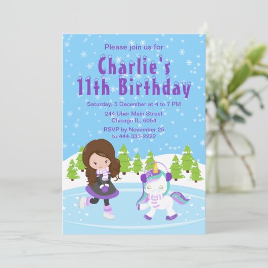 ウィンターアイススケートで滑る誕生日ブラウンヘアガールインビタ 招待状 (スタンド正面)