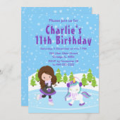 ウィンターアイススケートで滑る誕生日ブラウンヘアガールインビタ 招待状 (正面/裏面)