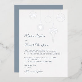 ウィンターアイスブルークリスマスオーナメント結婚ズシルバー 箔招待状