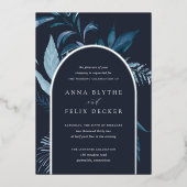 ウィンターアズールブルーボタニカルアーチ結婚ズ 箔招待状 (正面)