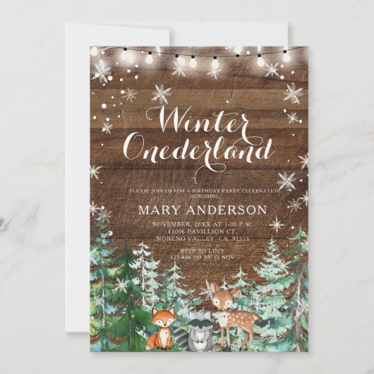 ウィンターアニマルディアスノーフレークオンダーランド誕生日 招待状 (正面)