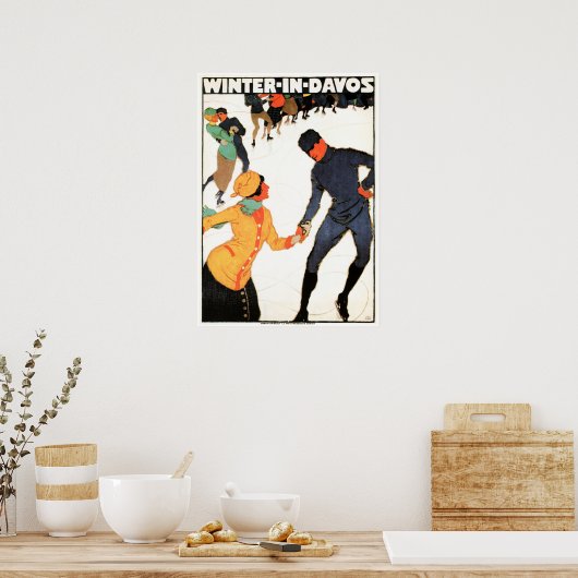 ウィンターインダボススイスアイススケートで滑るヴィンテージスキー ポスター (キッチン)