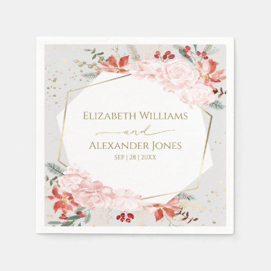 ウィンターウェディングナプキンズ金箔ウォーターカラーフローラ スタンダードカクテルナプキン (正面)