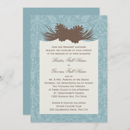 ウィンターウェディングピネコーンとダマスク 招待状 (正面/裏面)