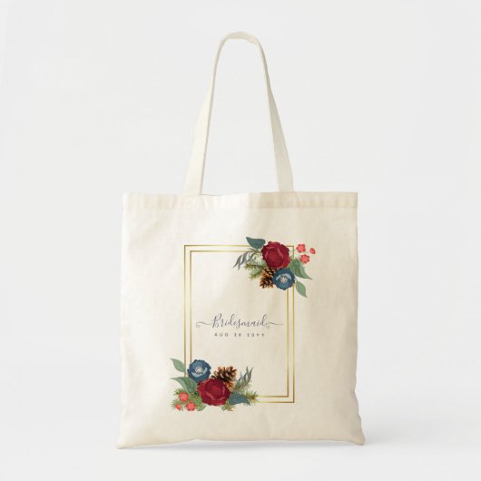 ウィンターウェディングブルゴーニュティール(緑がかった色)ブルーモダン トートバッグ (正面)