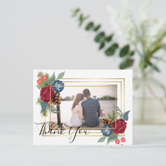 ウィンターウェディングブルゴーニュティール（緑がかった色）ブルーモダン ポストカード (スタンド正面)