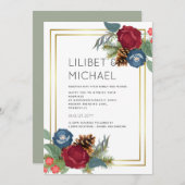 ウィンターウェディングブルゴーニュティール(緑がかった色)ブルーモダン 招待状 (正面/裏面)