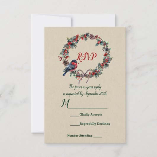 ウィンターウェディングホリデークリスマスホリーベリーバード 招待状 (正面)