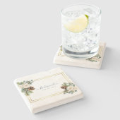 ウィンターウェディングホワイトローゼズ金ゴールドダスティブルー ストーンコースター (横)