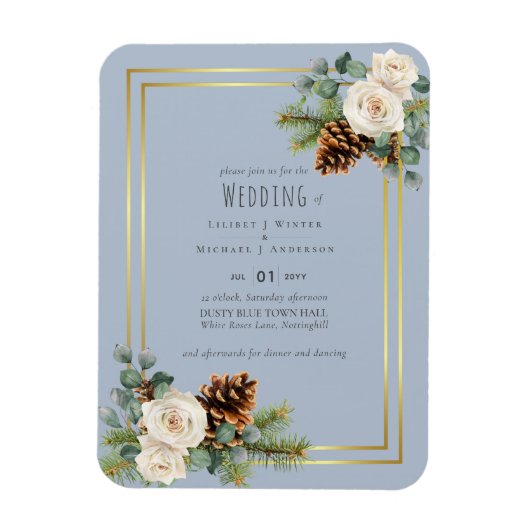 ウィンターウェディングホワイトローゼズ金ゴールドダスティブルー マグネット (縦)