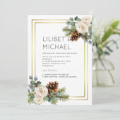 ウィンターウェディングホワイトローゼズ金ゴールドダスティブルー 招待状 (スタンド正面)