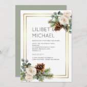 ウィンターウェディングホワイトローゼズ金ゴールドダスティブルー 招待状 (正面/裏面)