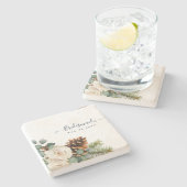 ウィンターウェディングユーカリプトゥスグリーンリーホワイトローズ ストーンコースター (横)