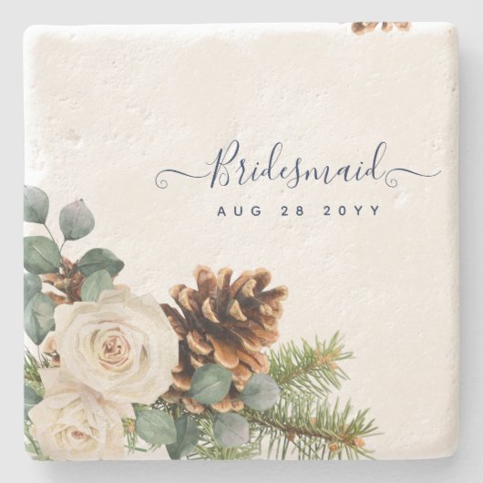 ウィンターウェディングユーカリプトゥスグリーンリーホワイトローズ ストーンコースター (正面)