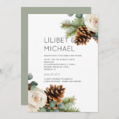 ウィンターウェディングユーカリプトゥスグリーンリーホワイトローズ 招待状 (正面/裏面)
