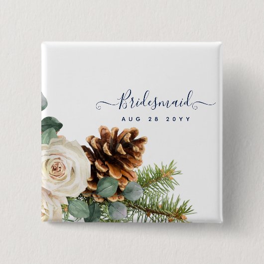 ウィンターウェディングユーカリプトゥスグリーンリーホワイトローズ 缶バッジ (正面)