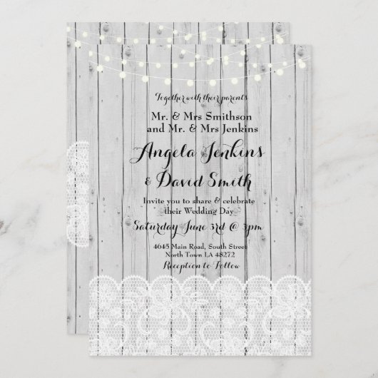 ウィンターウェディングライツウッドレースパーティの招待状 招待状 (正面/裏面)