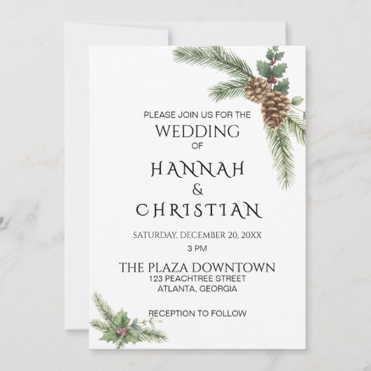 ウィンターウェディングリースとモミの枝 招待状 (正面)