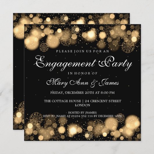 ウィンターウェディング婚約パーティ金ゴールドライト 招待状 (正面/裏面)