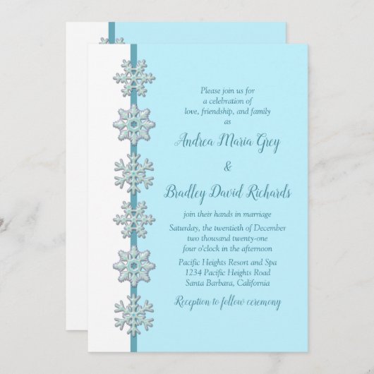 ウィンターウェディング招待状 |スノーフレークの青いボタン 招待状 (正面/裏面)
