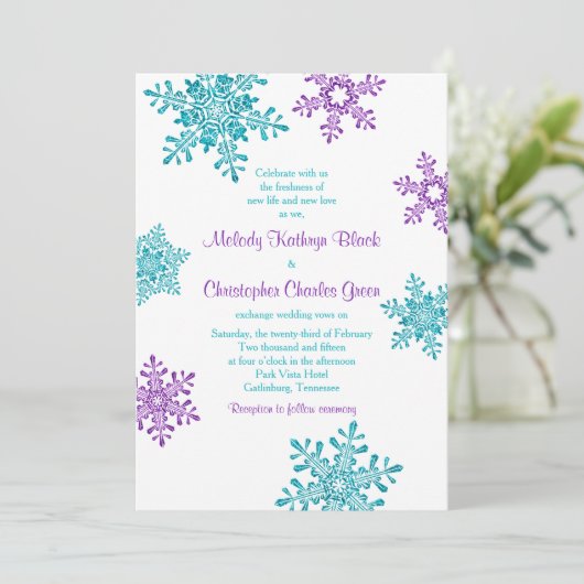 ウィンターウェディング招待状 |パープルターコイズスノーフレーク 招待状 (スタンド正面)