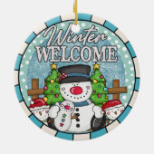 ウィンターウェルカム雪だるまファミリークリスマス セラミックオーナメント (裏面)