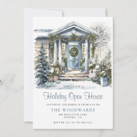 ウィンターウォーターカラークリスマスハウスホリデー 招待状 (正面)