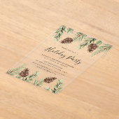 ウィンターウォーターカラーパインコーンホリデイパーティー アクリル招待状 (レイダウン)