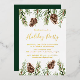 ウィンターウォーターカラーパインコーンホリデイパーティー 箔招待状