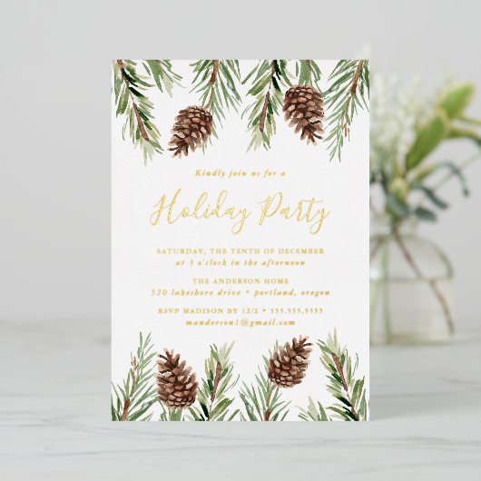 ウィンターウォーターカラーパインコーンホリデイパーティー 箔招待状 (立ち正面)