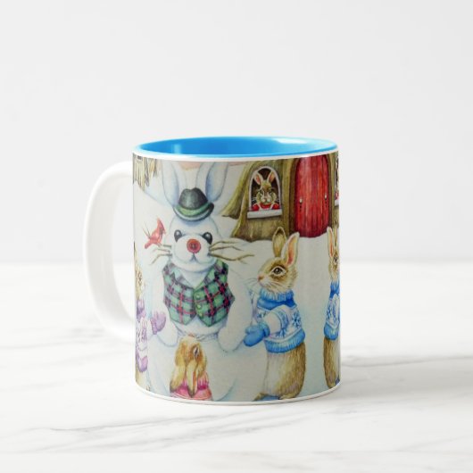 ウィンターウサギ建物スノーバニーウォーターカラーアート ツートーンマグカップ (正面左)