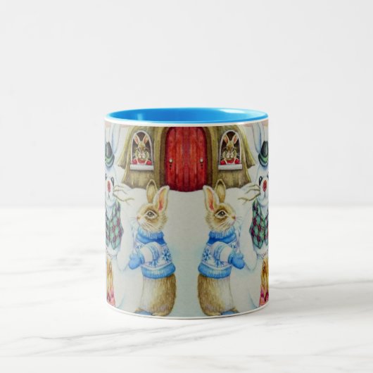 ウィンターウサギ建物スノーバニーウォーターカラーアート ツートーンマグカップ (中央)