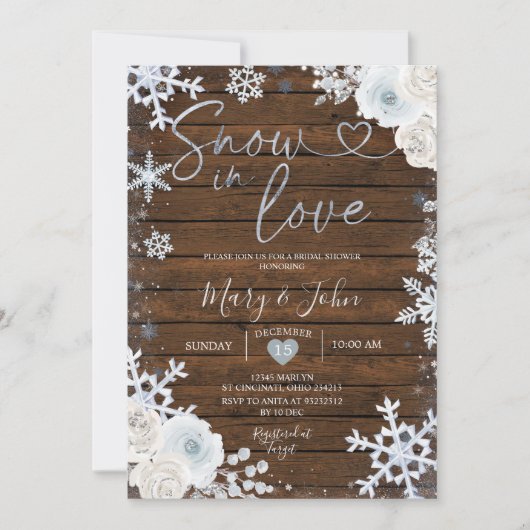 ウィンターウッドスノーインラブスノーフレークブライダルシャワー 招待状 (正面)