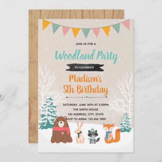ウィンターウッドランドの誕生日パーティーの招待状 招待状 (正面/裏面)