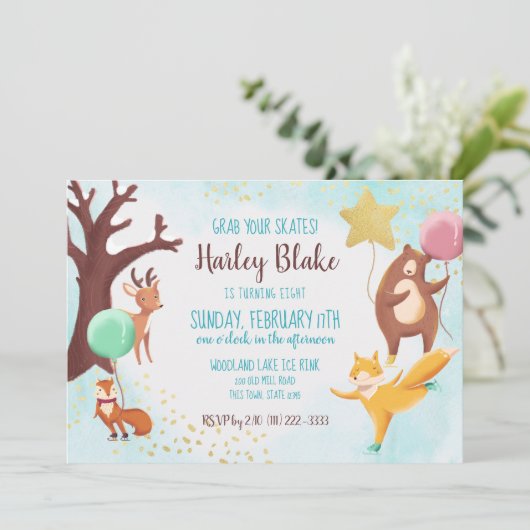 ウィンターウッドランドアイススケートで滑る野生動物誕生日 招待状 (スタンド正面)