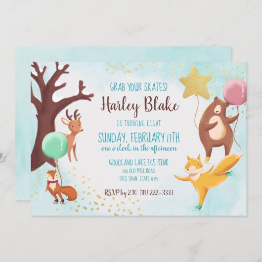 ウィンターウッドランドアイススケートで滑る野生動物誕生日 招待状 (正面/裏面)