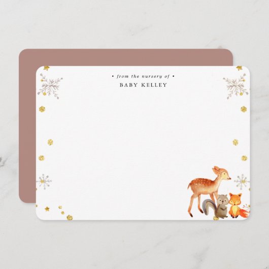 ウィンターウッドランドアニマルズベビーパーソナライズされたフラット ノートカード (正面/裏面)