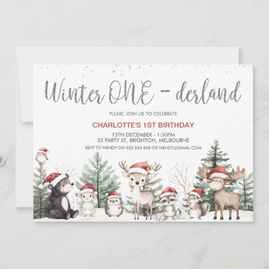 ウィンターウッドランドオネダーランド1歳の誕生日 招待状 (正面)