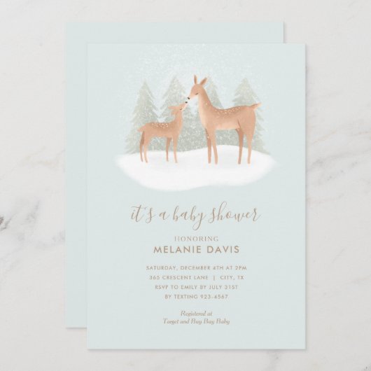 ウィンターウッドランドディアブルーベビーシャワー招待状 招待状 (正面/裏面)