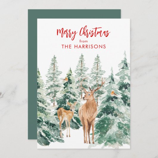 ウィンターウッドランドディアメリークリスマスホリデーカード シーズンカード (正面/裏面)