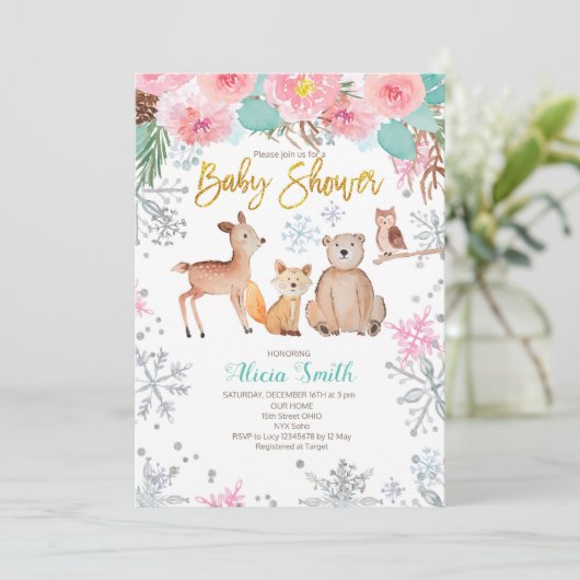 ウィンターウッドランドピンクベイビーガールシャワー招待状 招待状 (スタンド正面)