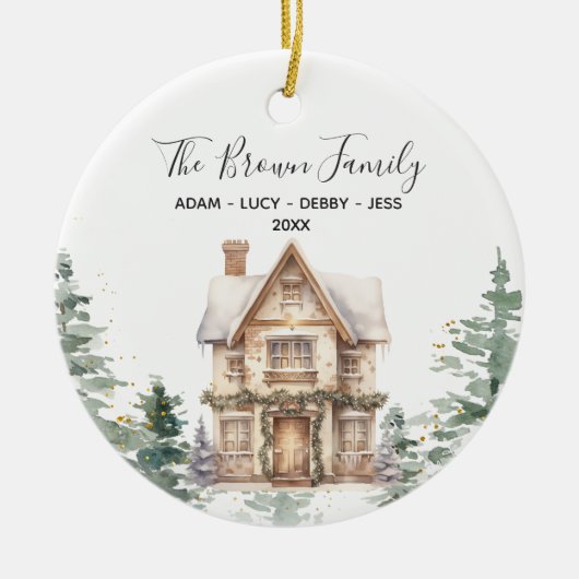 ウィンターウッドランドファミリークリスマスヴィンテージハウス セラミックオーナメント (正面)