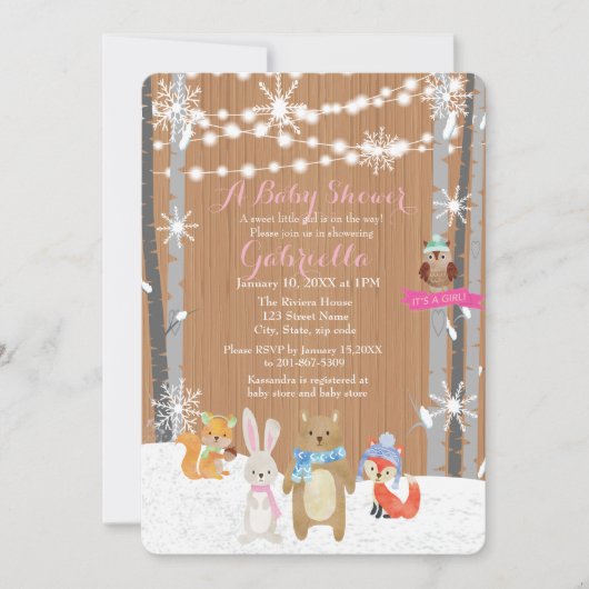 ウィンターウッドランドフォレストベビーガールシャワー招待状 招待状 (正面)