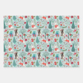 ウィンターウッドランドブルー&レッド動物の森のパターン ラッピングペーパーシート (正面)