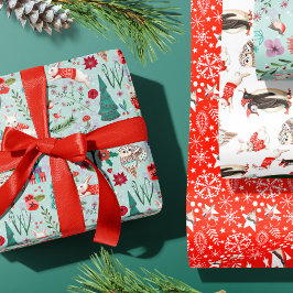 ウィンターウッドランドブルー&レッド動物の森のパターン ラッピングペーパーシート