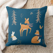 ウィンターウッドランド動物フォークアートブルークリスマス クッション (ブランケット)